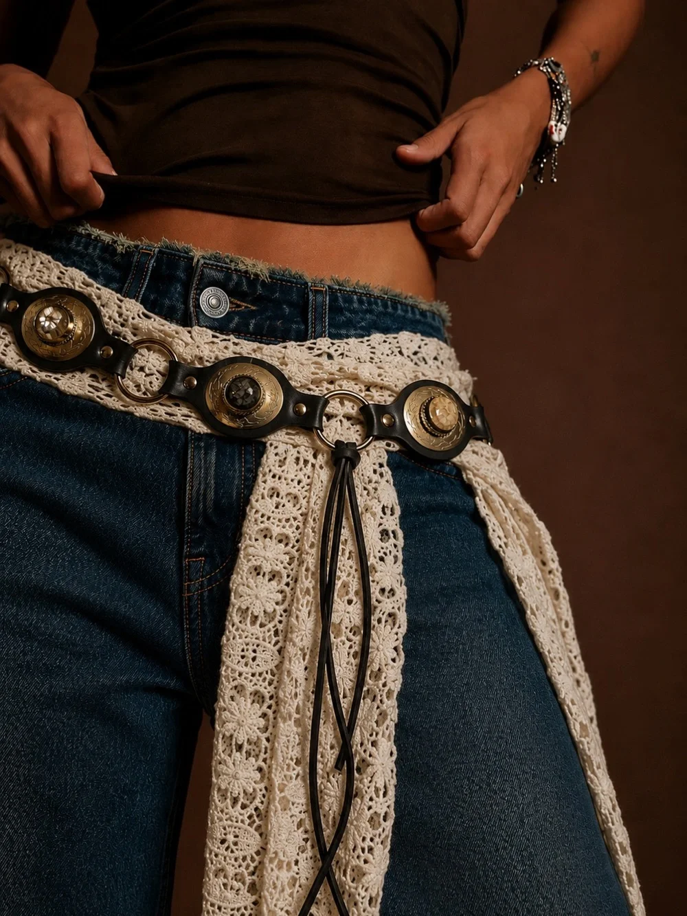 NWT Free People Oasis Wrap Belt Black Leather Silver Concho Western Boho OS